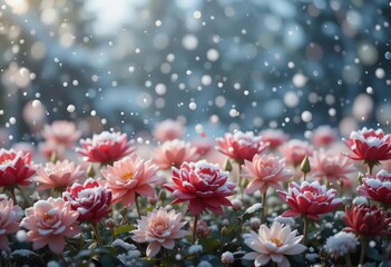 An animated video of snow falling over a garden with peacocks and flowers in a Mughal style design