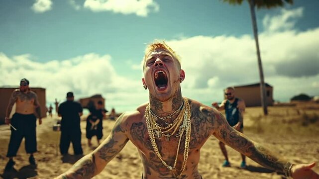 Rapper wearing gold chains smiling