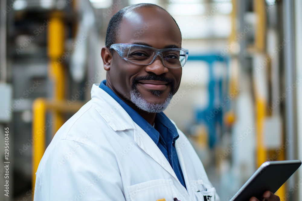 Poster man in a lab coat is smiling and holding a tablet. he is happy and content