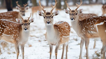 Obraz premium Curious Deer Gazing Into the Camera in a Beautiful Winter Setting with Soft Snow Covering the Ground : Generative AI