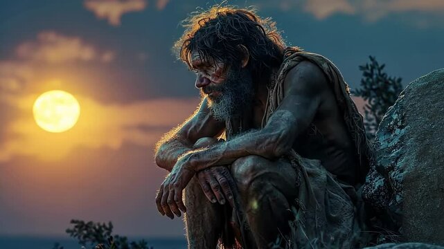 Early existence: displaying prehistoric life focused on primitive man, basic living conditions, and the connection to nature in a time long past.