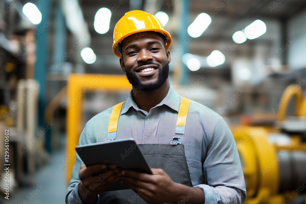 Poster man wearing a hard hat and apron is holding a tablet in his hand. he is smiling and he is happy