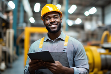 man wearing a hard hat and apron is holding a tablet in his hand. He is smiling and he is happy