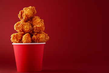 A beautiful shot of  delicious golden fried chicken wings and breast and legs served  in red bucket with a background of festive feel with copy space.  Red background