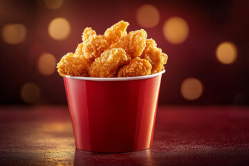 A delicious fried chicken wings and breast and legs filled in red bucket. Chicken bucket with a background of festive feel. 