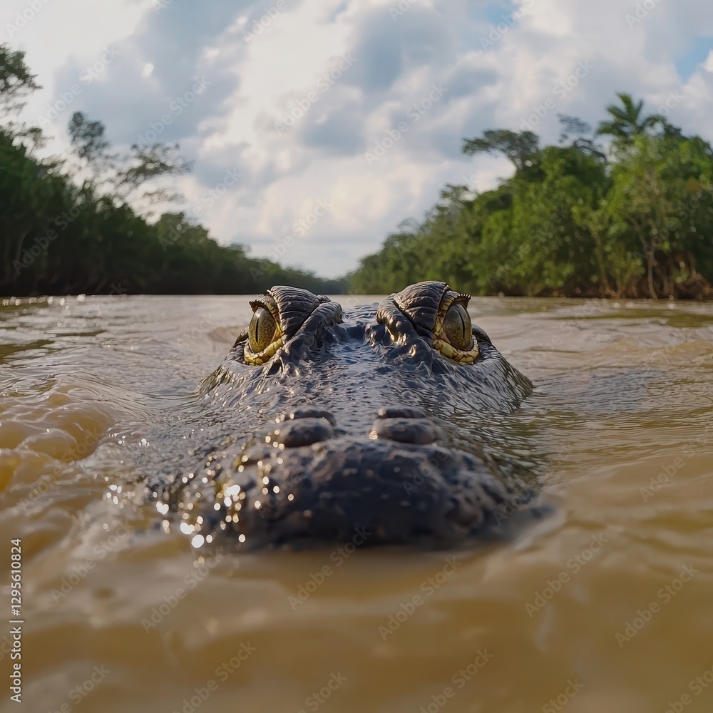 Poster close-up view of a crocodile emerging from water in a lush jungle environment with bright sky and ve