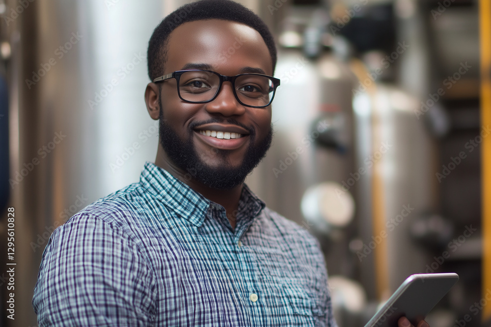Poster man with glasses is smiling and holding a tablet. concept of happiness and positivity, as the man is