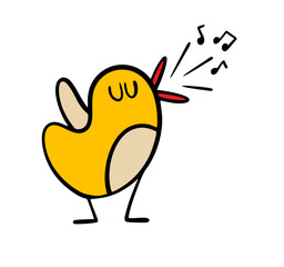 Yellow nightingale or a canary chirps loudly. Vector illustration of  bird singing a song, a loud pleasant voice. Arthritis on the stage of the theater. Isolated funny character on white background.