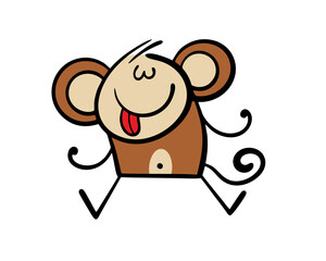 Soft children  toy with a protruding tongue, big ears and a tail. Vector illustration of a playful monkey. Isolated funny character on white background.