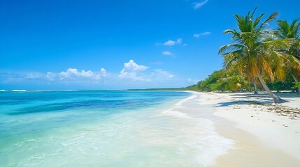 Fototapeta premium Tropical Beach Paradise Under Bright Blue Sky with Palm Trees and Crystal Clear Water : Generative AI