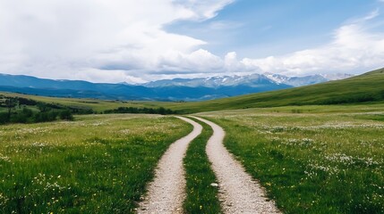 Naklejka premium Scenic winding dirt path through lush green fields leading towards majestic mountains : Generative AI