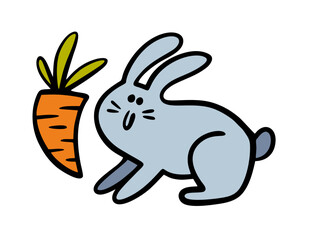 Big carrot and a cute little rabbit. Vector illustration of a toy rabbit and a healthy vegetable for lunch. A wild or domestic animal. Isolated funny character on white background.