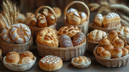 Fototapeta premium Delicious artisan breads in tiny woven baskets rustic bakery setting high-quality food photography