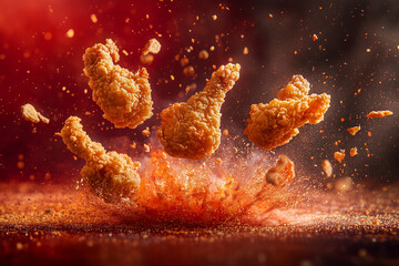 A very beautiful shot of fried crispy chicken blasting with sauce. Hot and crispy golden chicken scattered in the red background. Deep fried Kentucky fried chicken.