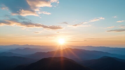 Fototapeta premium Breathtaking Sunrise Over Serene Mountains with Soft Clouds and Vibrant Colors in Sky : Generative AI