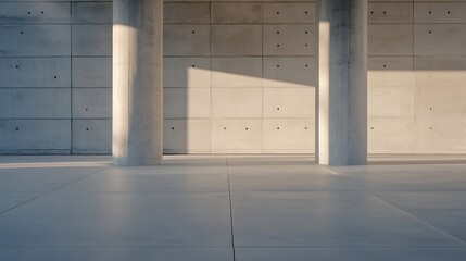 Fototapeta premium Minimalist architectural interior featuring raw concrete walls and modern pillars casting geometric shadows : Generative AI