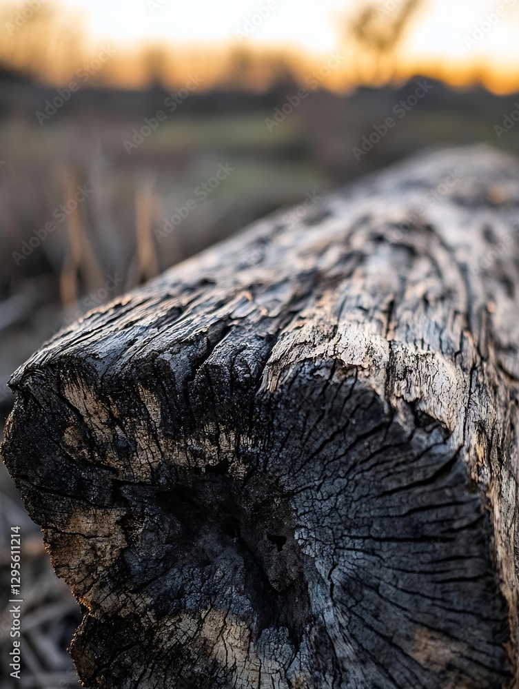 Fototapete close up view of an old wooden log with intricate textures and patterns highlighted by natural sunse