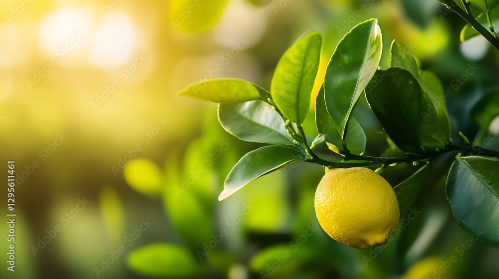 Poster fresh lemon hanging on a vibrant green lemon tree branch illuminated by warm sunlight : generative a