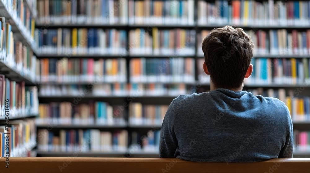 Poster Man sitting in front of a vast library shelf filled with colorful books in a quiet reading space : Generative AI
