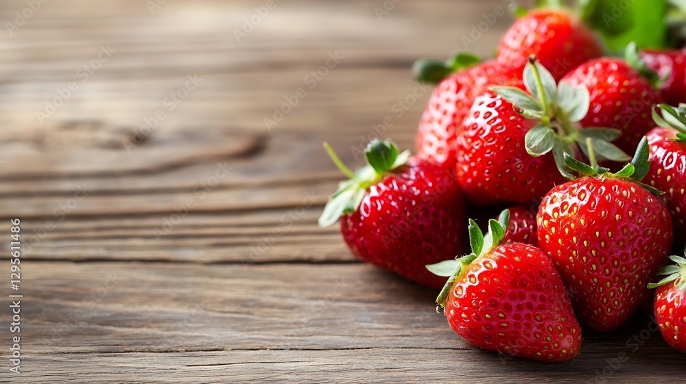 Poster fresh ripe strawberries piled on rustic wooden table ready for enjoyment : generative ai