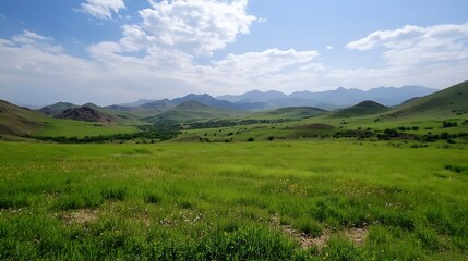Fototapeta premium Lush green valley surrounded by majestic mountains under a bright blue sky : Generative AI