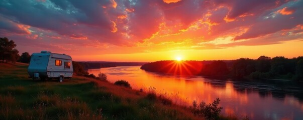 Illinois sunset, Mississippi River, travel trailer panorama, beautiful, clouds, green