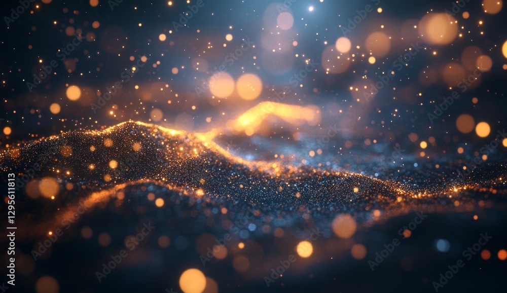 Poster abstract golden particles wave in dark background with bokeh lights