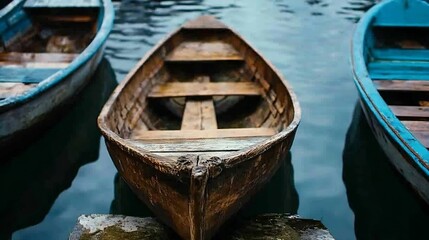 Rustic wooden boat moored peacefully in calm waters surrounded by serene reflections and gentle waves : Generative AI