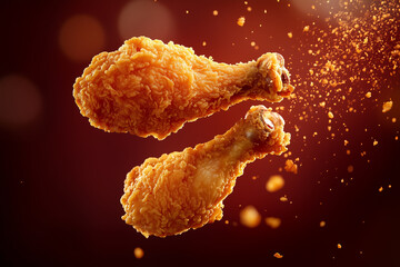 Zoom in shot of a two crispy chicken floating in red background.  concept  for crispy chicken poster advertisement.  KFC chicken, Fried chicken, Party chicken.