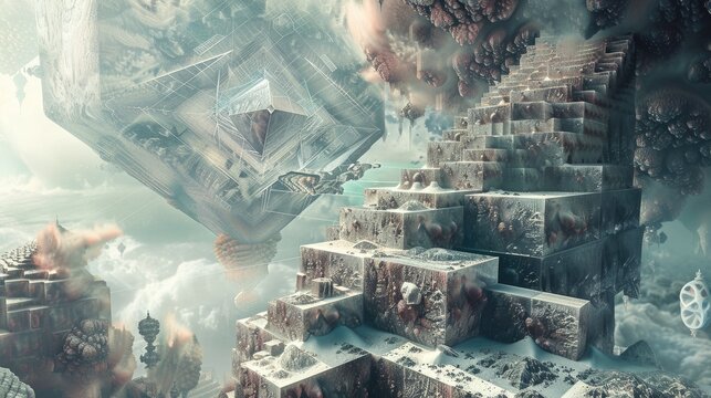 Explore the abstract concept of the 4th dimension in a surreal and visually stunning landscape, combining geometry and cosmic elements to ignite imagination.