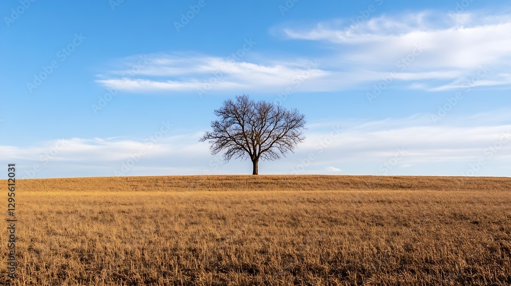 Poster lone tree standing in a golden field under a bright blue sky suggesting solitude and tranquility : g