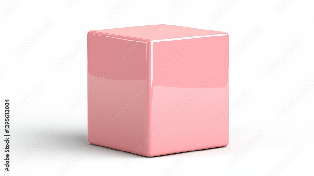 Aufkleber pink cube with rounded corners resting on white surface; solid geometric block