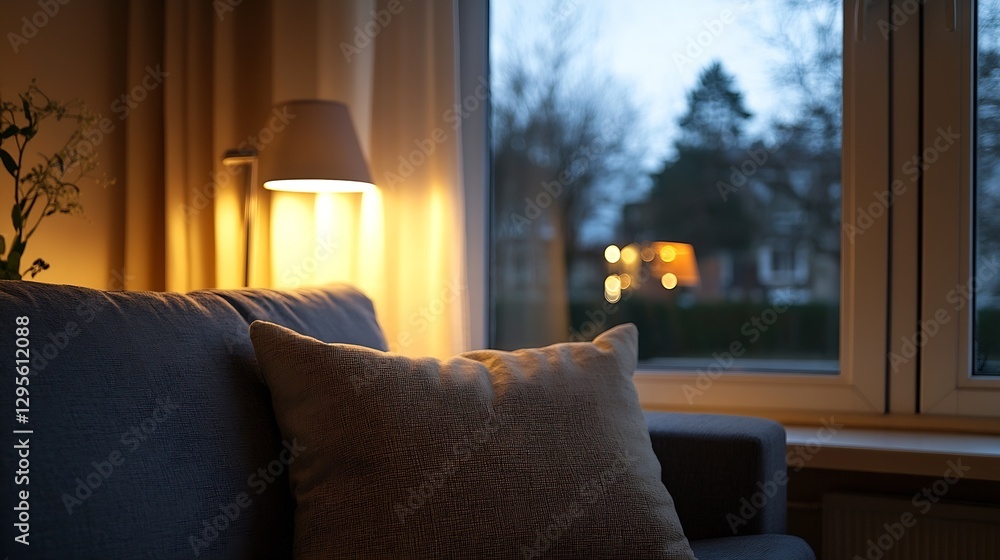 Poster cozy indoor scene with soft lighting and sofa near window for relaxation : generative ai