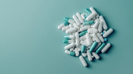 Colorful assortment of capsules and tablets on a mint green background, ideal for health concepts
