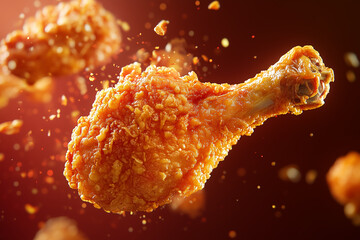 A delicious dynamic view of a crispy fried chicken floating in the air . Scattered crispy  chicken particles in the air in crimson red background..  Kentucky.