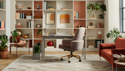Modern Home Office Illustration: Beige and Terracotta Decor