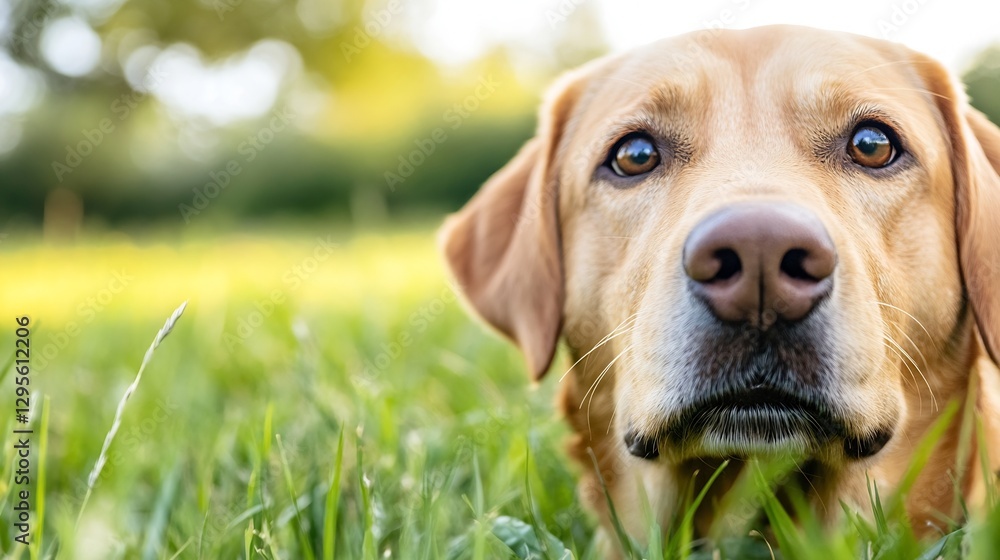 Poster closeup portrait of a golden retriever dog with expressive eyes gazing intently in a grassy field : 