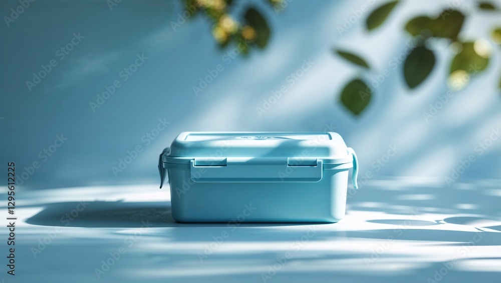 Poster light blue storage container placed on a table with soft shadows and leafy sunlight on a calm aftern