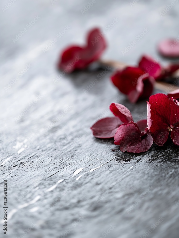 Aufkleber elegant composition featuring delicate red flower petals on a wooden surface creating a serene atmos