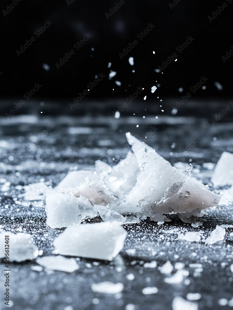 Aufkleber frozen water splashes with crystals falling on a dark surface : generative ai