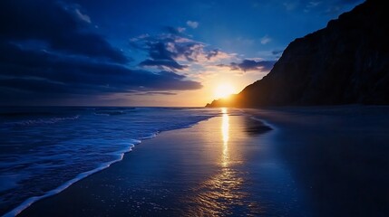 Captivating sunset over the coastline with golden waves and dramatic clouds creating a picturesque evening atmosphere : Generative AI