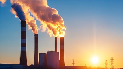 Industrial Power Plant Emitting Smoke Against a Vibrant Sunset Sky : Generative AI