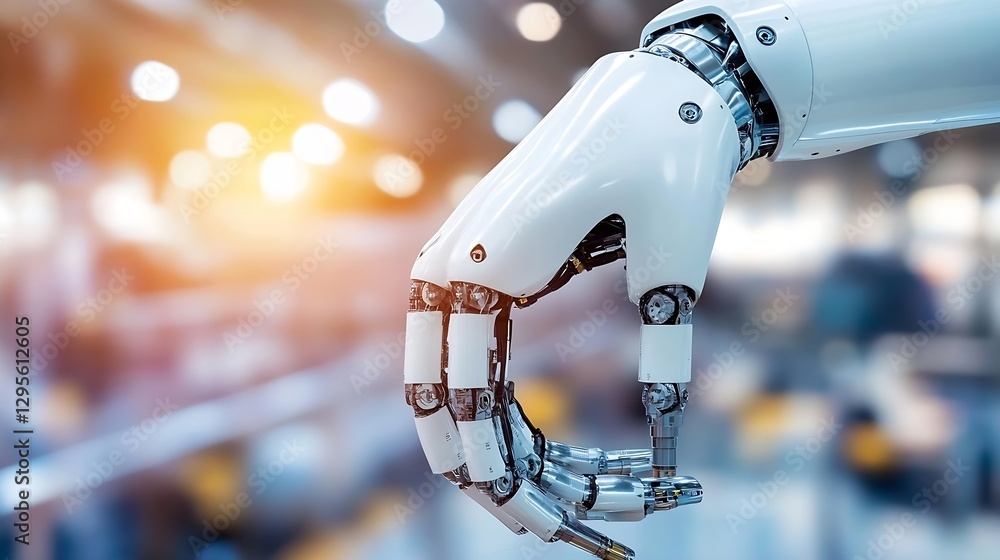 Poster Futuristic robotic hand designed for precision and functionality in an advanced industrial environment : Generative AI