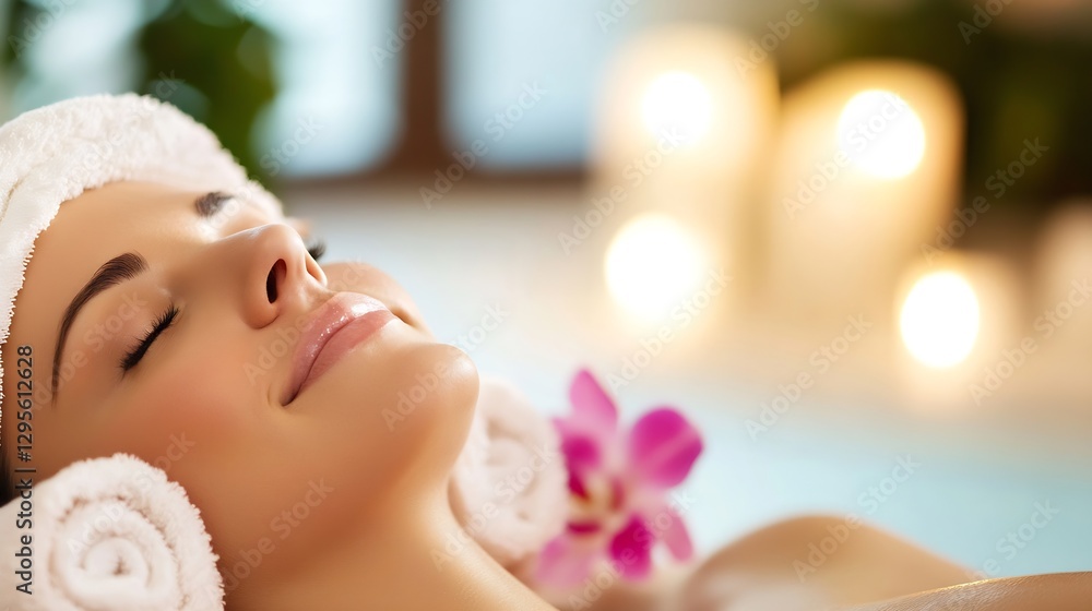 Poster serene woman enjoying a relaxing spa day with candles and flowers in a calm environment : generative