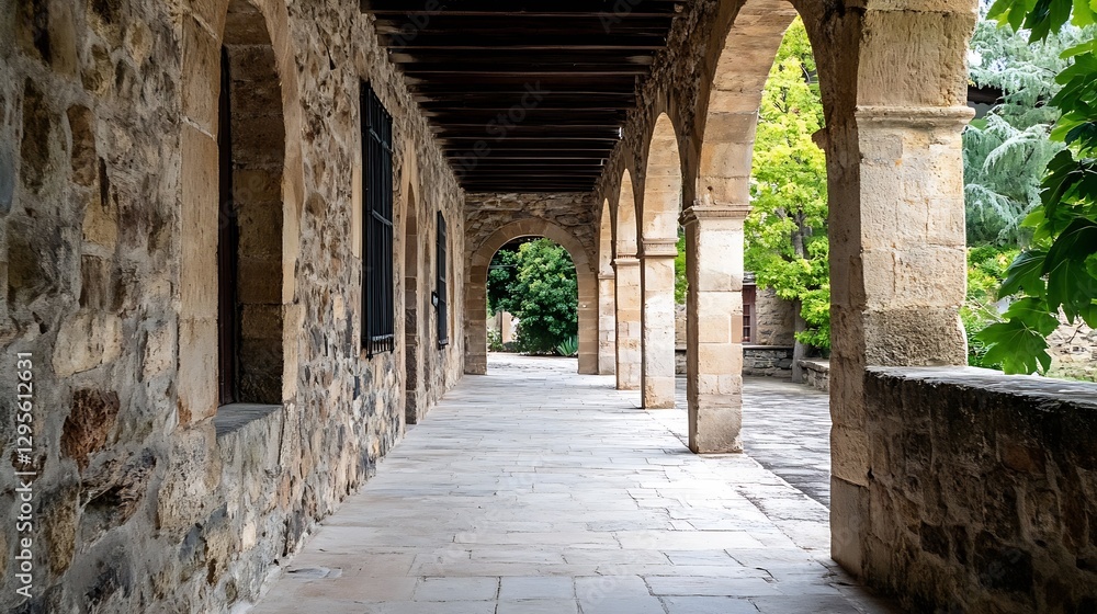 Poster historic stone arches creating a serene walkway surrounded by lush green foliage and trees : generat