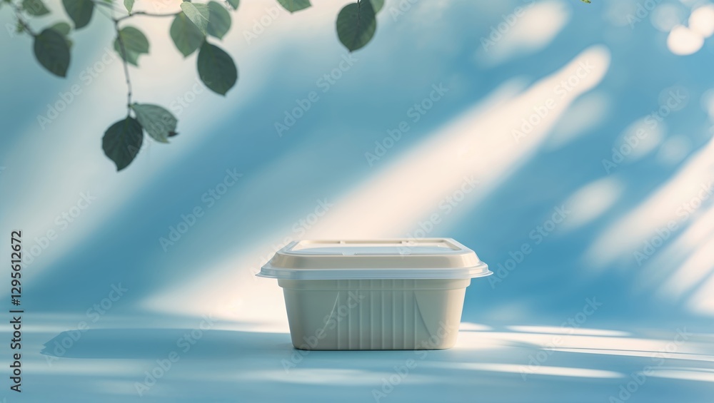 Poster clean and simple takeaway container sits on a surface illuminated by gentle sunlight and soft shadow
