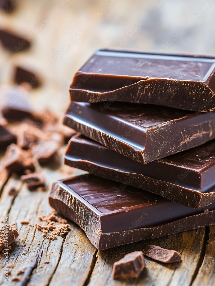Poster delicious stacked dark chocolate bars on rustic wooden surface with cocoa pieces scattered : generat