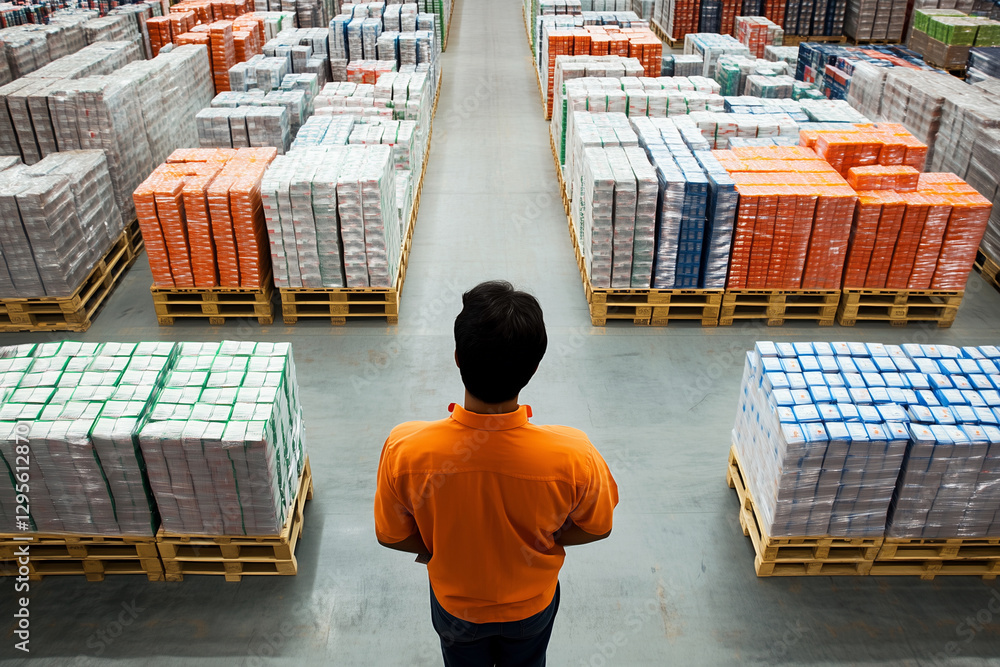 Aufkleber man stands in front of a warehouse full of boxes. the boxes are stacked in various colors and sizes.