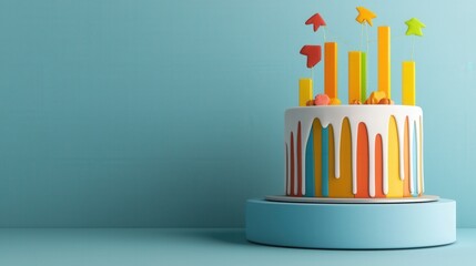 A vibrant birthday cake adorned with playful decorative toppers, perfect for celebrations. The sweet dessert captures joy and creativity in festive colors.