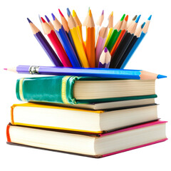 Fototapeta premium Colorful Pencils on Stack of Books Education Supplies Learning
